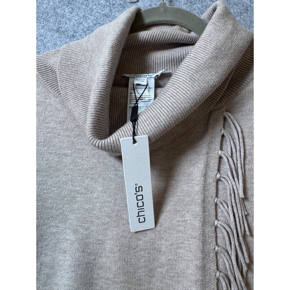 Chico’s Fringe Cowl Neck Poncho Sweater NWT S/M Neutral Taupe Soft Knit - Picture 6 of 11